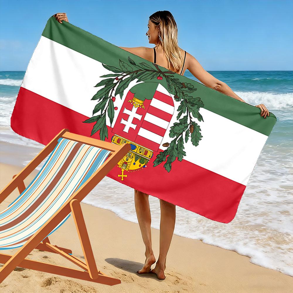 Giant Beach Towel with Hungary Flag with Coat of Arms, Quick Dry Microfiber, Soft and Absorbent, for Beach Pool Travel Gift