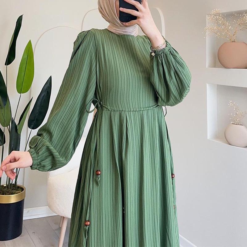 2025 Autumn Women's Muslim Lantern Sleeve Dress - Elegant and Comfortable