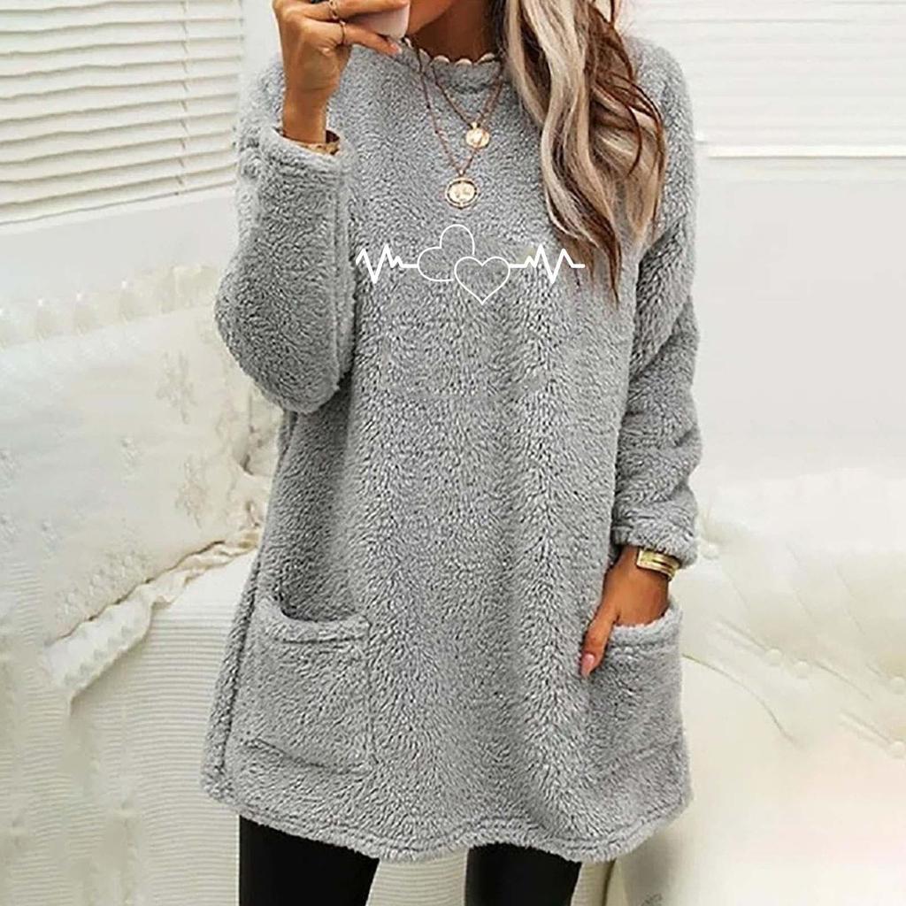 Winter Women's New Love Print Round Neck Loose Long Sleeve Pocket Plush Sweater For Women