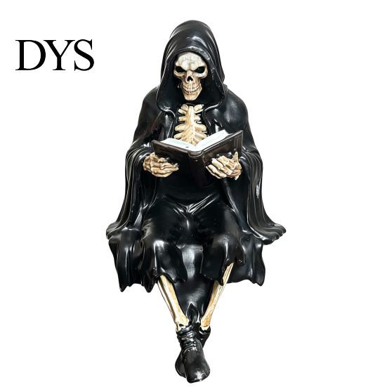 Donkere Opvallende Beeldje Gotische Fantasy Lezend Figuur, Mysterieuze Figuur met Kap Beeldhouwwerk, Hars Beeldhouwwerk Zittende Magere Hein Standbeeld voor Boekenkast,