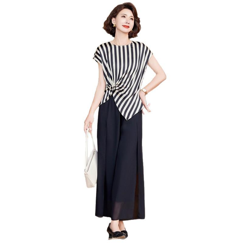 Stylish Chiffon Two-Piece Set: Striped Top & Wide-Leg Pants for Middle-Aged Women