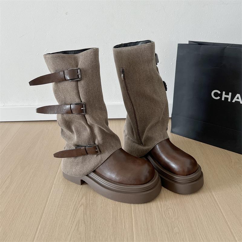 

Black fashion explosion, thin, small, thin medium-length boots, women s shoes 2025 new autumn thick-heeled trouser boots 40 коричневый