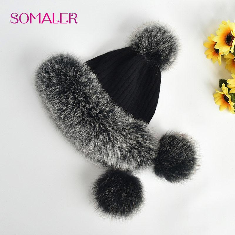SOMALER Winter Real Fox Fur Hats for Women Fur Pompom Ear Protect Caps Warm Lined Knitted Fur Beanies Fashion Russian Hat