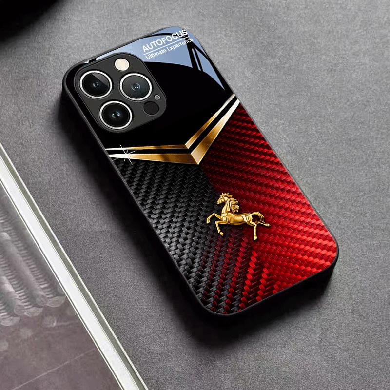 Goldenes Pferd Schwarz und Rot Glas Handyhülle Geeignet für iPhone 17 16 15 14 13 12 11 Pro/Max/Plus Sturzfest und Stoßfest