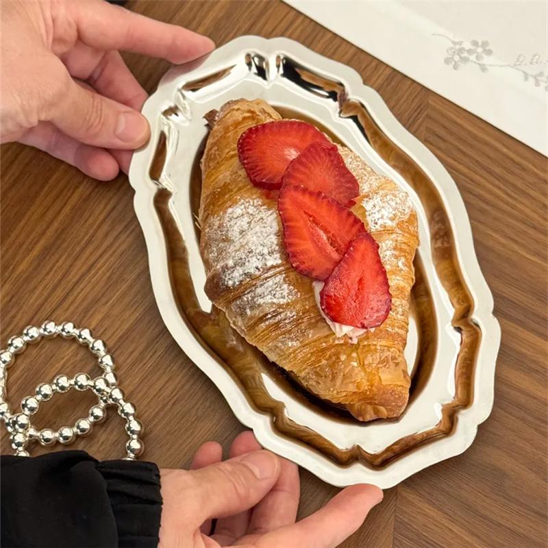 European Stainless Steel Oval Lace Tray for Afternoon Tea, Cake, Fruit Plate, Dessert Plate, Household Dining Tray, and Dining P