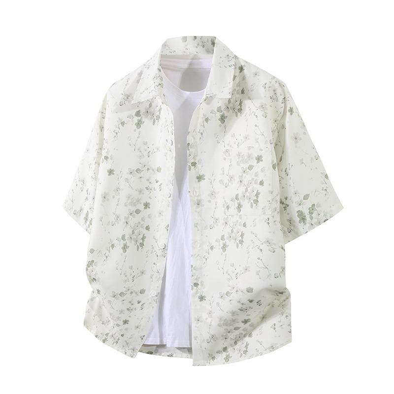 Men's Printed Gradient Short-sleeved Casual Button Beach Breathable Shirt