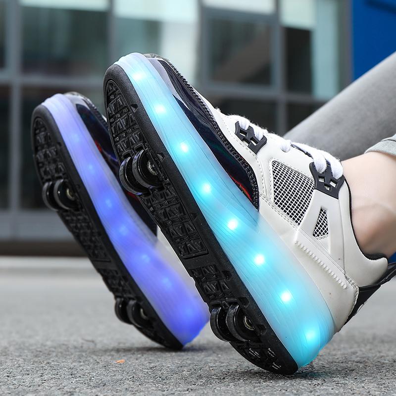 Pattini a rotelle per bambini, rimovibili, piatti, ricaricabili, LED, quattro ruote, scarpe sportive luminose, rosa, scarpe da ginnastica luminose da donna