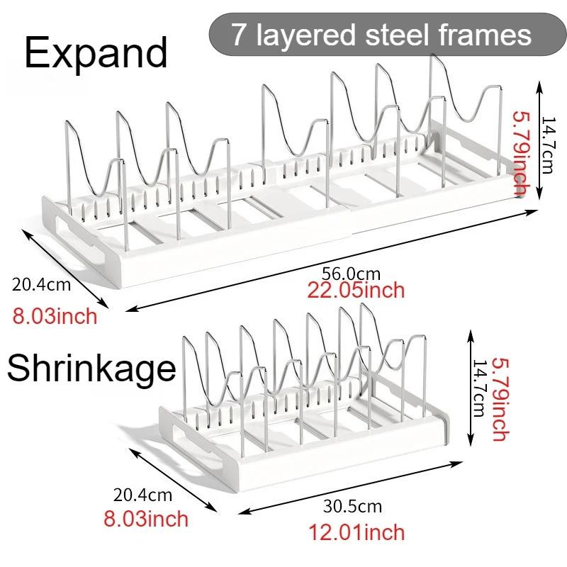 Retractable Kitchen Organizer Rack Adjustable Pot Dish Holder Multi-Functional Kitchen Countertop Organizer for Pans Lids Bowls