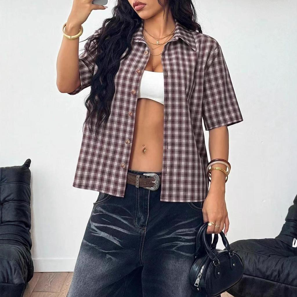 New Summer Checkered Five-sleeved Top Shirt for Women