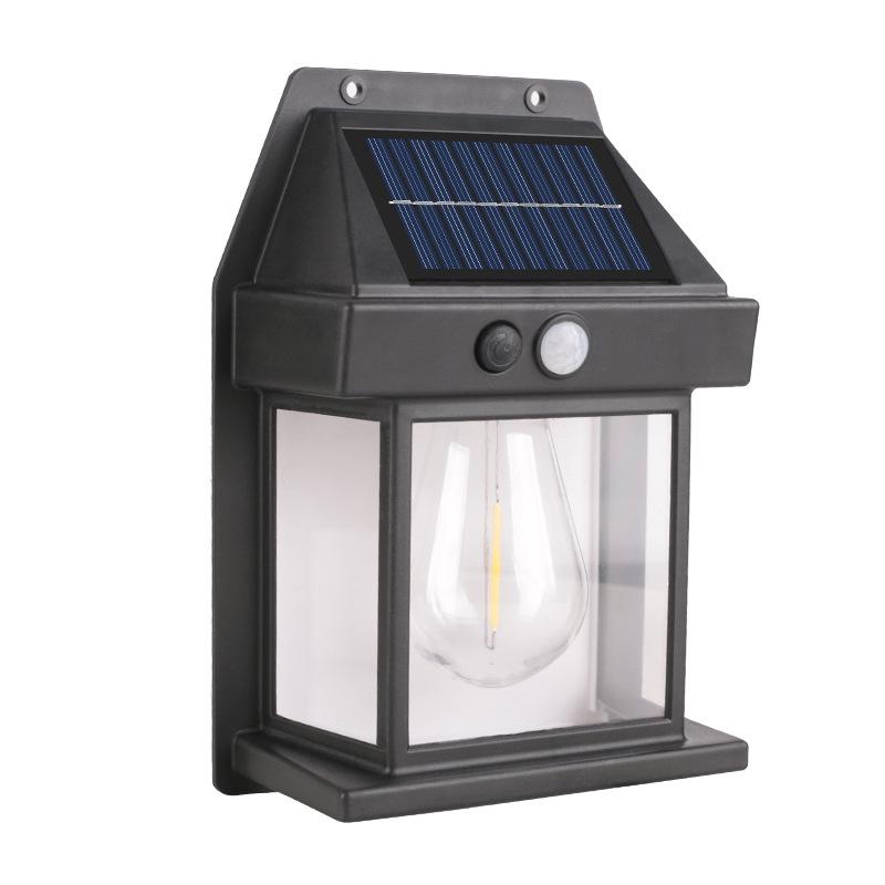Solar Outdoor Wall Light with Human Body Sensor, Three Modes, Tungsten Filament, Waterproof for Garden or Villa Night Lighting.