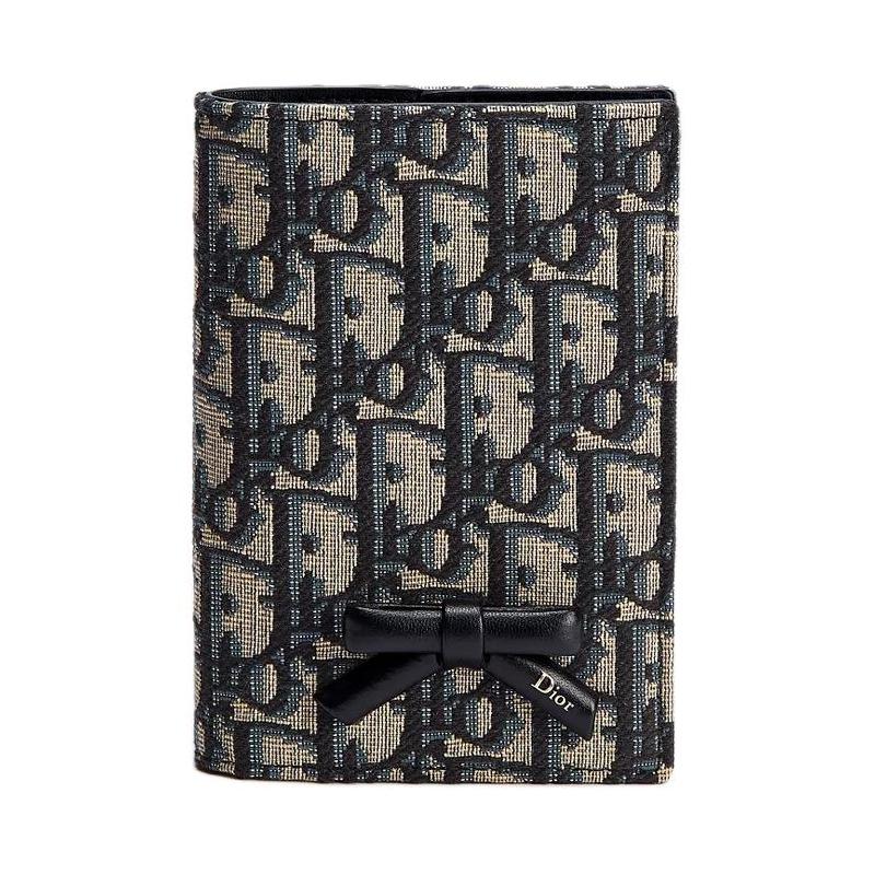 Dior OBLIQUE Bow Bow Decorated Letter Print Cotton and Calf Leather Passport Bag Women's Blue