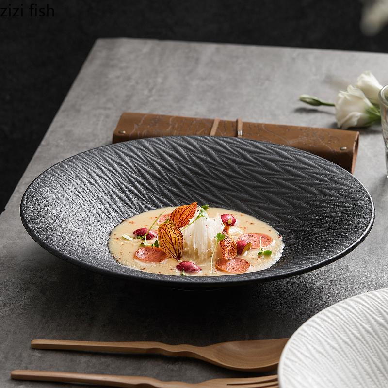 Pure White Relief Texture Ceramic Salad Bowl Restaurant Pasta Dessert Bowl Thick Soup Bowl Molecular Food Creative Tableware