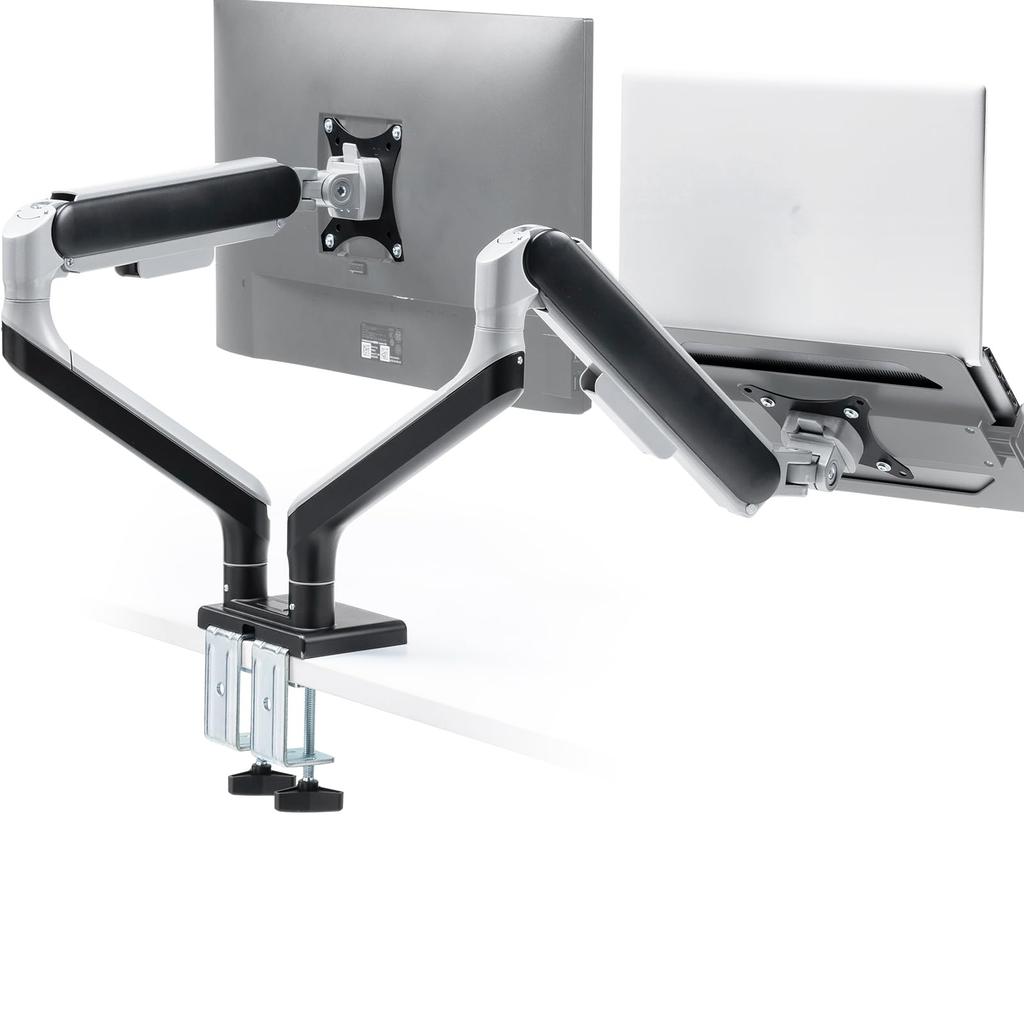 Monitor 2 Supports Up To 43 Load Capacity Gas Spring VESA E-Supply Arm, Dual, Screens, Large, Inches, 0-17kg, Clamp, Grommet, Compatible, Multi-Angle