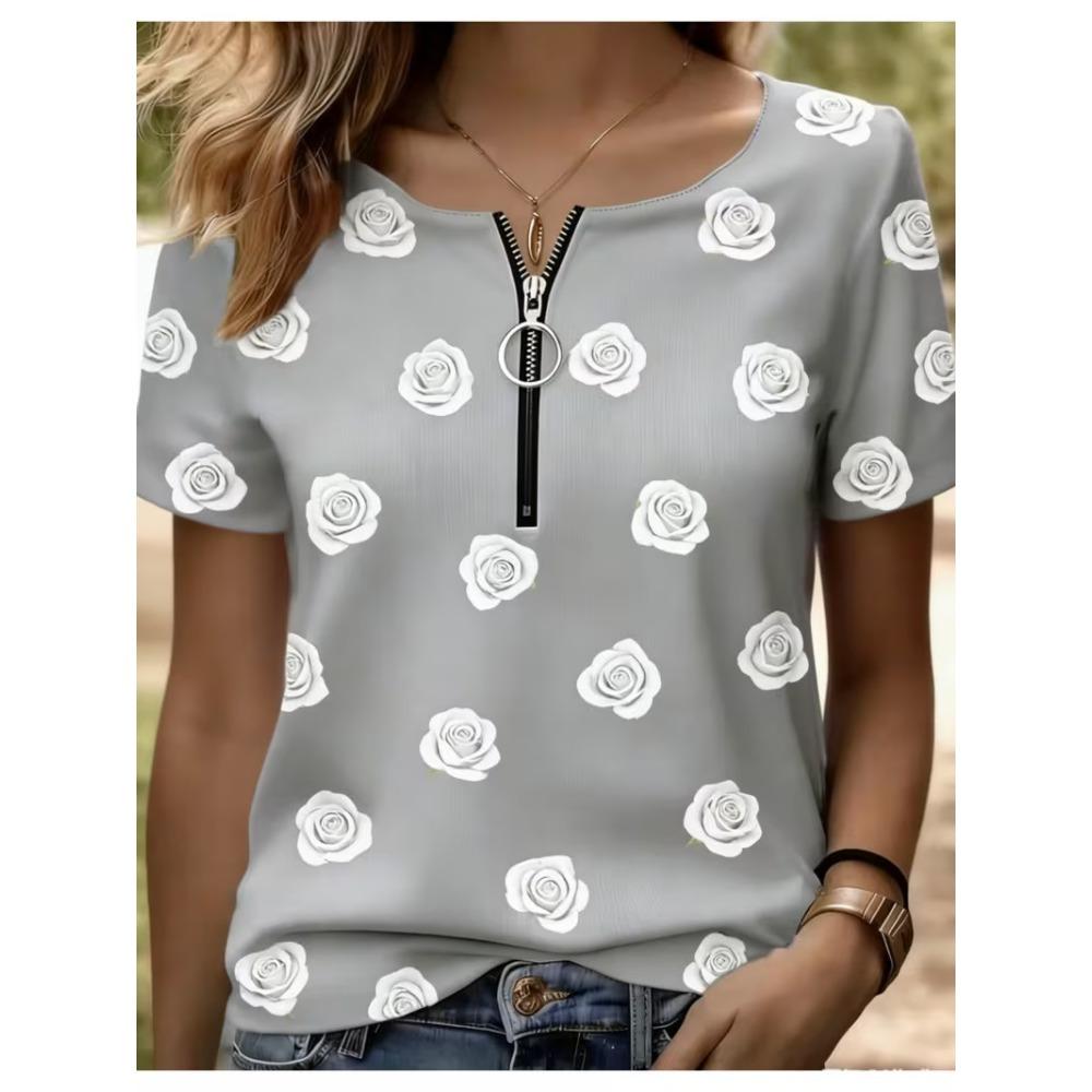 

Summer Loose T-shirt Fashionable and Elegant Zipper V-neck Color Blocked Printed T-shirt Plus Size Women s Short Sleeved Shirt