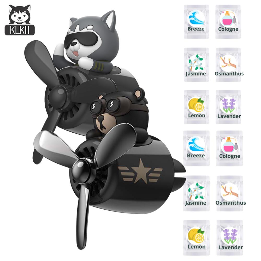 KUKII Pilot Bear Car Air Freshener - Rotating Propeller Vent Diffuser with Essential Oil Tablets, Aviation Design, With 6 Fragrance refill