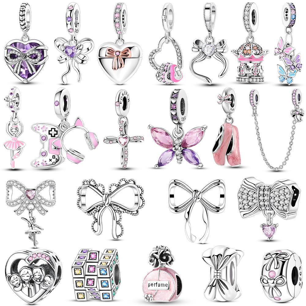 Copper Pendant Pink Ballet Girl Bow Charms Beads Fit Original Bracelet Necklace Jewelry Making For Women Diy