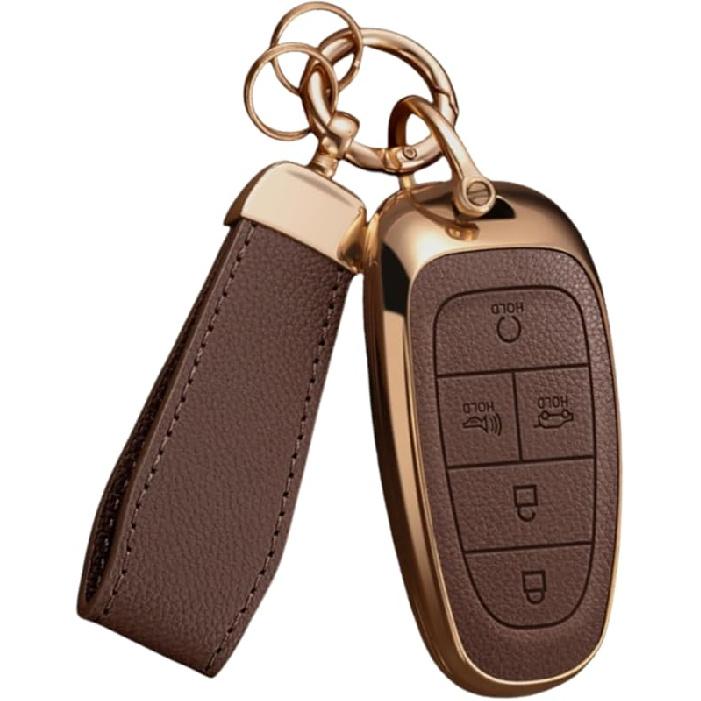 Key Fob Cover For Hyundai With Key Chain, Upper Leather + Soft TPU Car Key Case Shell For 2024   Hyundai Sonata Santa Fe Nexo Tucson (5 Buttons,