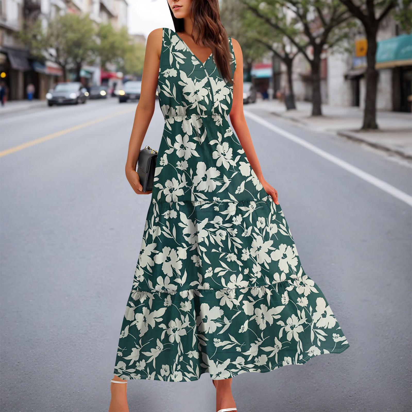 

Женские струящиеся платья Женские летние платья Повседневные длинные платья без рукавов Милые длинные платья с цветочным принтом XXL