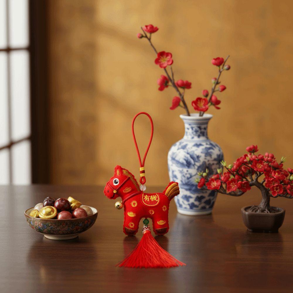 Chinese Style Pony Embroidered Pendant Tassel Zodiac Mascot New Year Horse Pendant Funny Keychain Horse Hanging Decoration