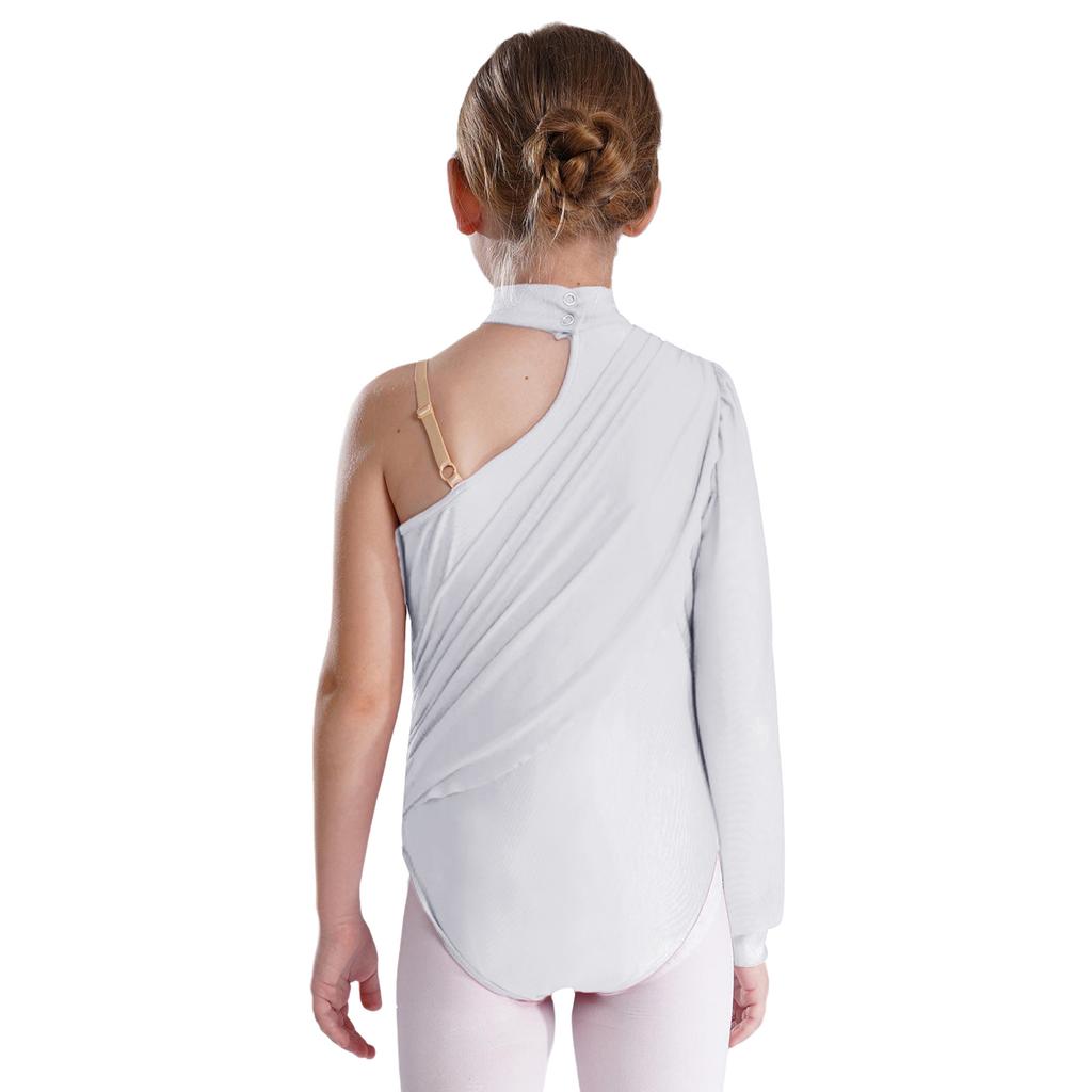 Girls Dance Leotard One Shoulder Design Mock Neck Long Sleeve Ruched Mesh Overlay Performance Bodysuit