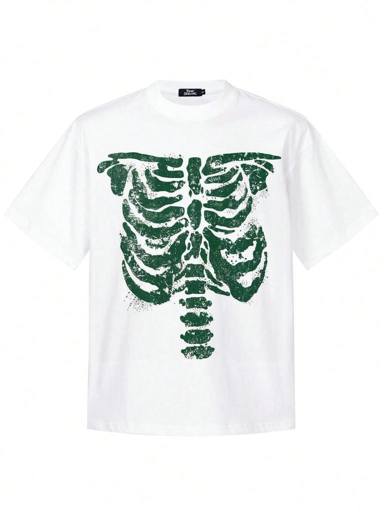 Grunge Retro Bone Chest Skeleton Graphic Tee Loose Fit Goth Punk Unisex Daily Street Fashion Shirt