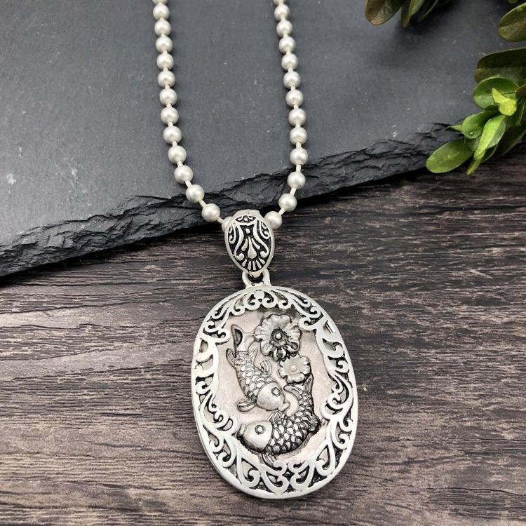 Vintage Thai silver long necklace flower pendant simple long sweater chain accessories women
