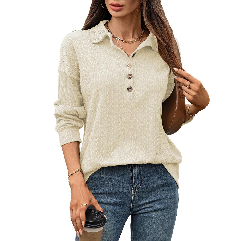 A New Solid-color Lapel Button Loose Long-sleeved Sweatshirt for Women In Autumn and Winter