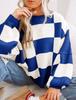 Women's Checked Knit Sweater, Round Neck Long Sleeve Relaxed Fit Pullover