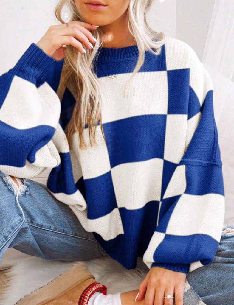 Women's Checked Knit Sweater, Round Neck Long Sleeve Relaxed Fit Pullover