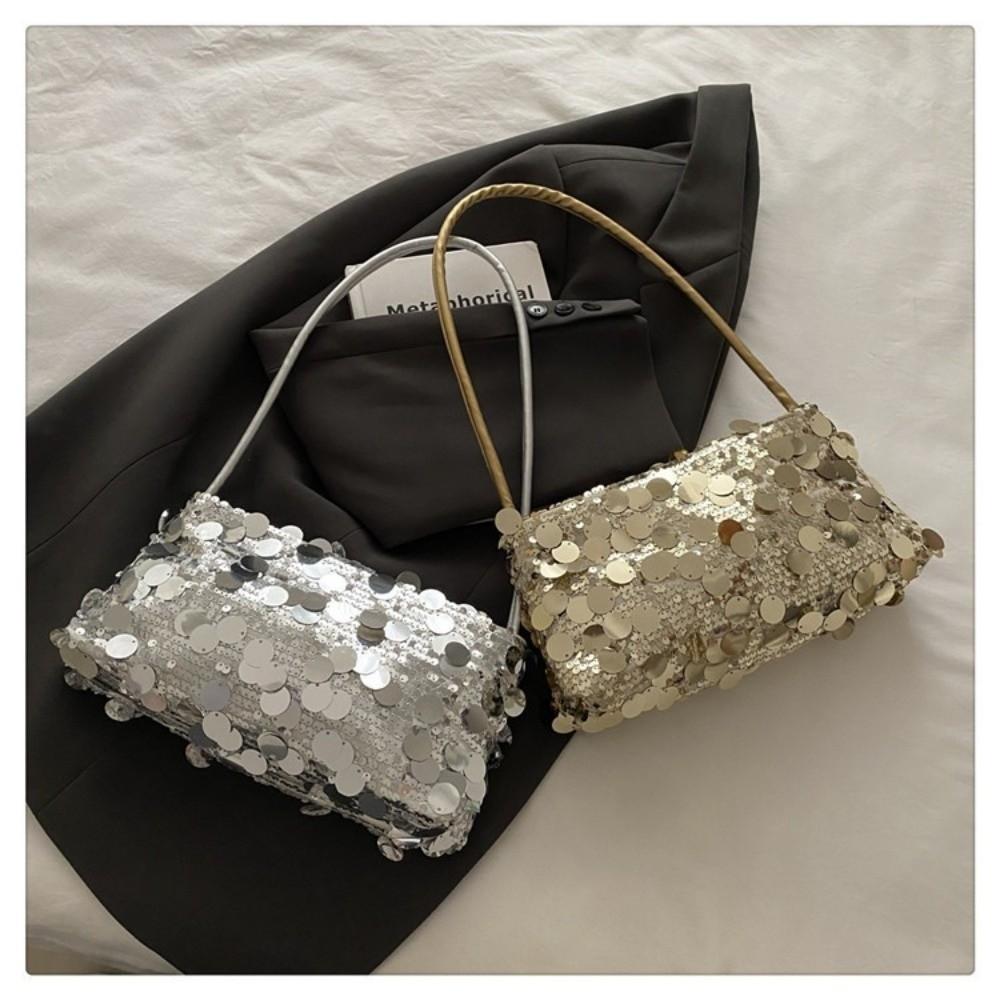 Portable Large Capacity Shoulder Bag Shiny Sequins Multifunctional Women's Handbag with Zipper Solid Color Underarm Bag Dinners