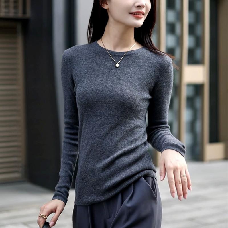 Front Shoulder Wool Sweater Women's 0 Pure Wool Thin Slim Fit and Thin Bottom Top Early Autumn New Knitted Sweater