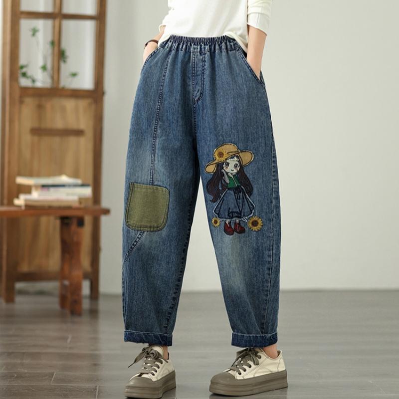 Plus Size Vintage Embroidery High Waist Casual Loose Women Spring Summer Autumn Jeans Denim Harem Pants