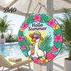 Flamingo Palm Leaf Wall Art Summer Wooden Hanging Sign, Beach Style Decor with Hemp Rope, Tropical Sign Indoor Outdoor Theme Decoration for