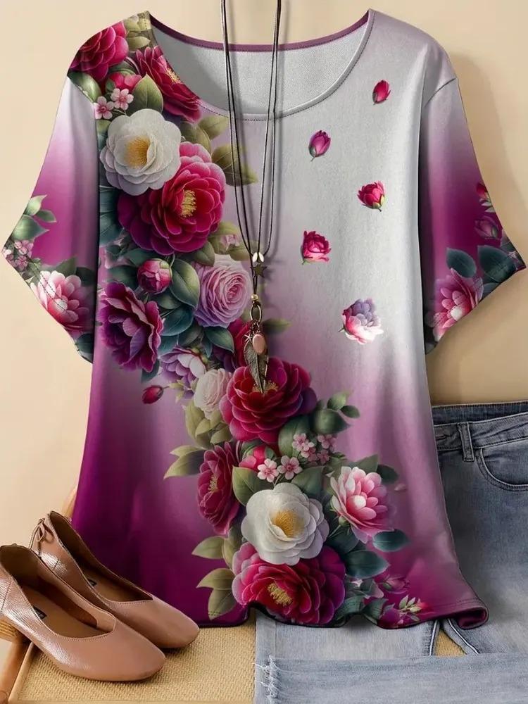 Summer women's printed pattern T-shirt casual short sleeved top fashionable women's round neck T-shirt
