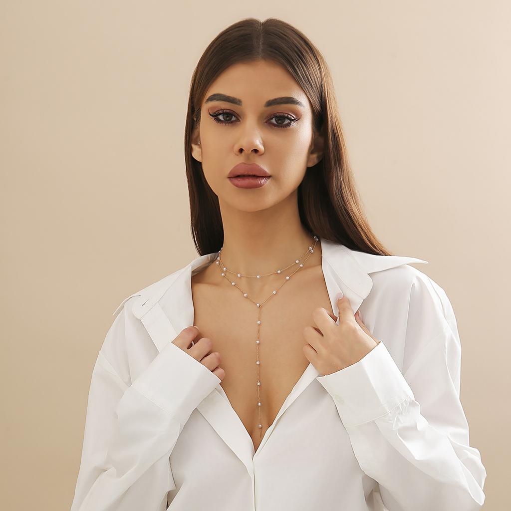 Ingemark Vintage Elegancki Długi Łańcuszek z Imitacji Pereł Naszyjnik Kobiety Goth Seksowne Koraliki Frędzle Choker na Klatkę Piersiową Akcesoria Ślubne