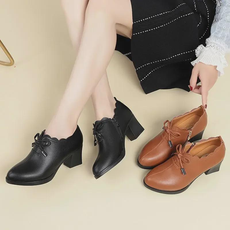 Spring 2025 Mid-Heeled Leather Bow Shoes for Women - Soft, Versatile, Comfortable High Heels