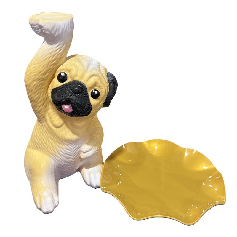 Bandeja de Almacenamiento de Estatua de Pug Creativa Lindo Perro Llaves Caramelo Plato de Almacenamiento de Snacks Adornos de Escultura de Animales Decoración de Sobremesa de Oficina