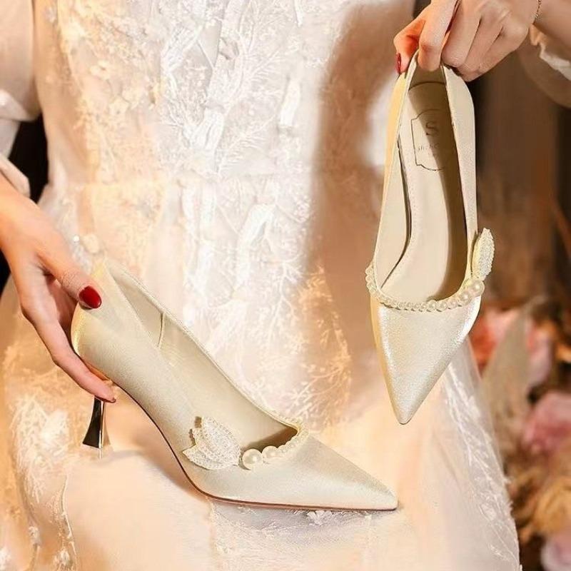 French Satin Feather Pearl Bridal Wedding Shoes Women's Pointed Toe Shallow Mouth High Heel Shoes