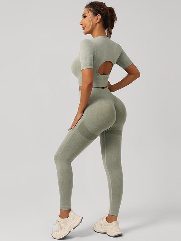 Seamless European-American Yoga Set: Women's Short Sleeve Top & High Waist Hip-Lifting Long Pants