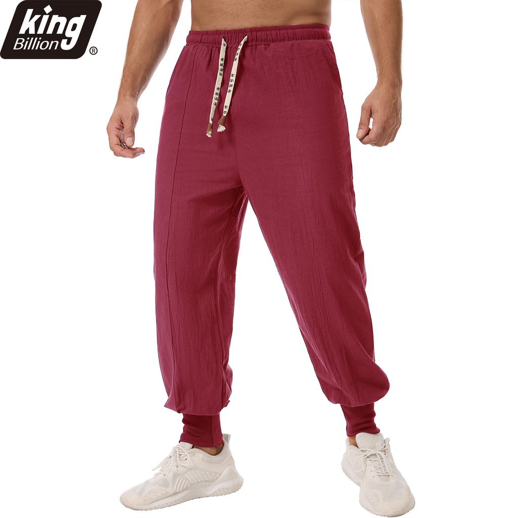 Men's Linen Blend Harem Pants - Contrast Drawstring Elastic Waist Loose Fit Casual Joggers with Ribbed Cuffs in Navy Blue