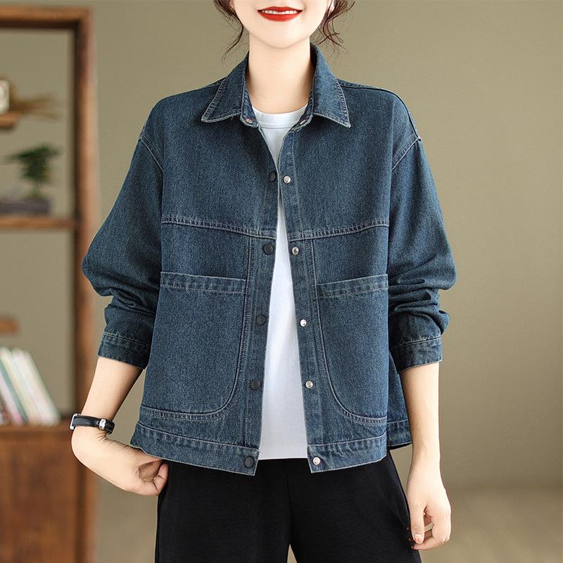 Autumn Women Denim Jacket Retro Long Sleeve Jeans Loose Casual Coat Outwear Overwear