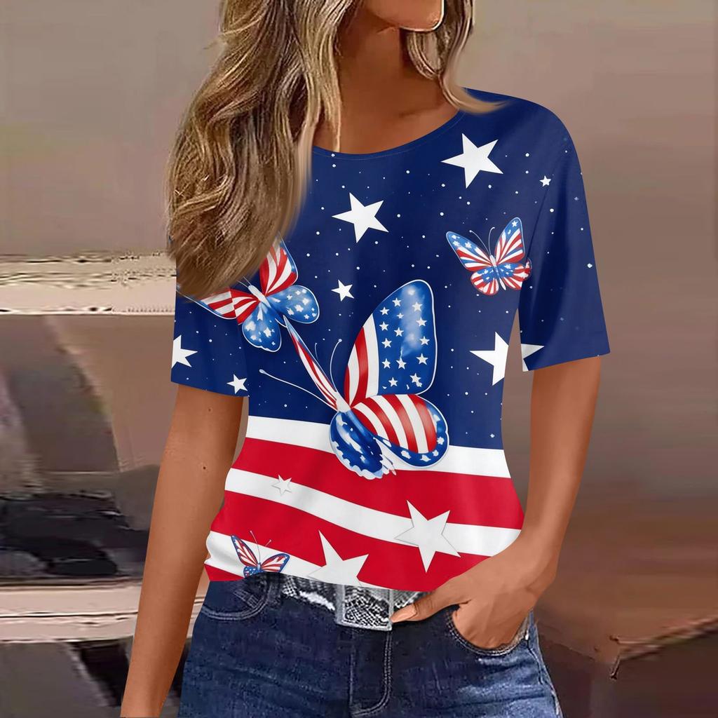 Women's Fashionable Casual Short Sleeve Print Round Neck Pullover Top