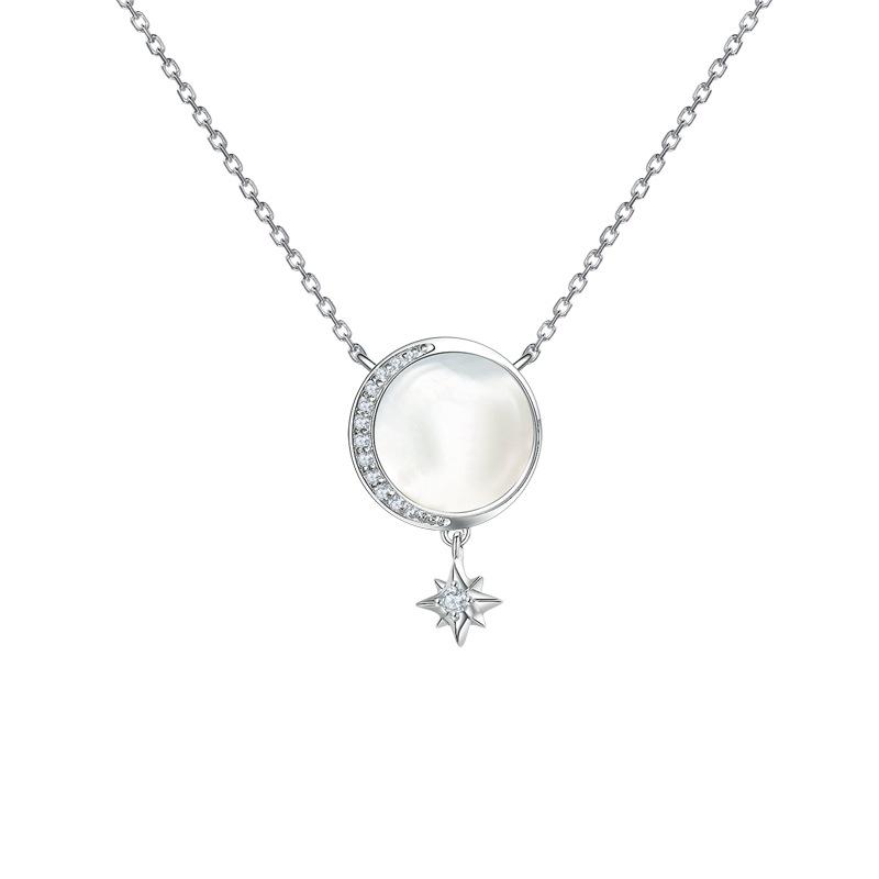 S925 Silver Star and Moon Clavicle Necklace with White Mother-of-Pearl 925 Silver