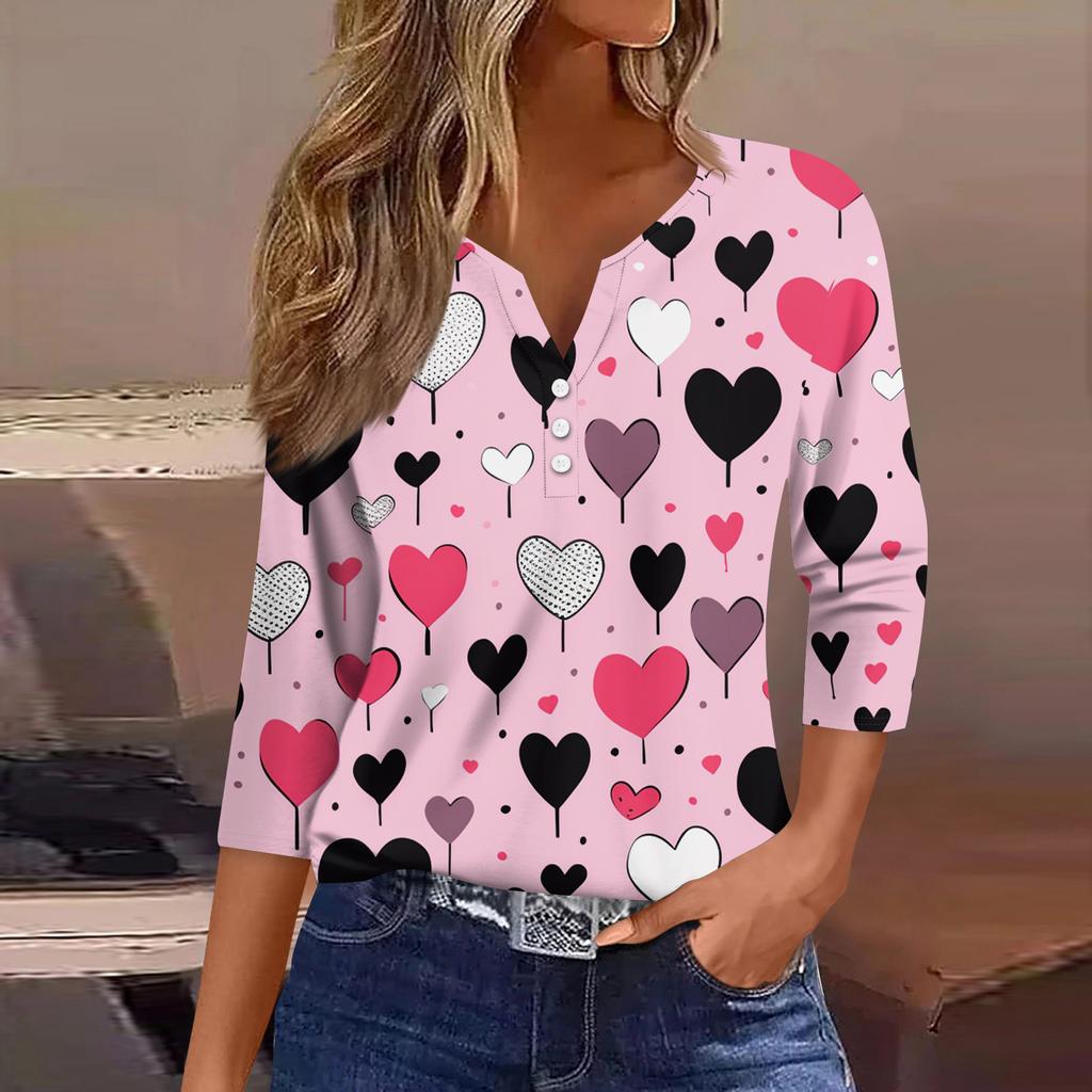 Women's Fashion Button-Up V-Neck Three-Quarter Sleeve Valentine's Day Print Top