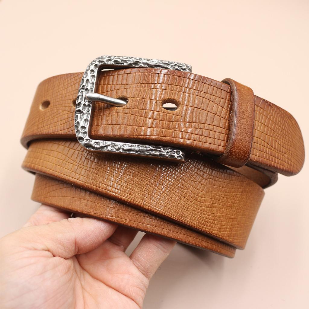 3.8CM Men's Belt Genuine Leather Belt Casual Retro Burst Needle Buckle Shiny Front Layer Cowhide Lazy Belt
