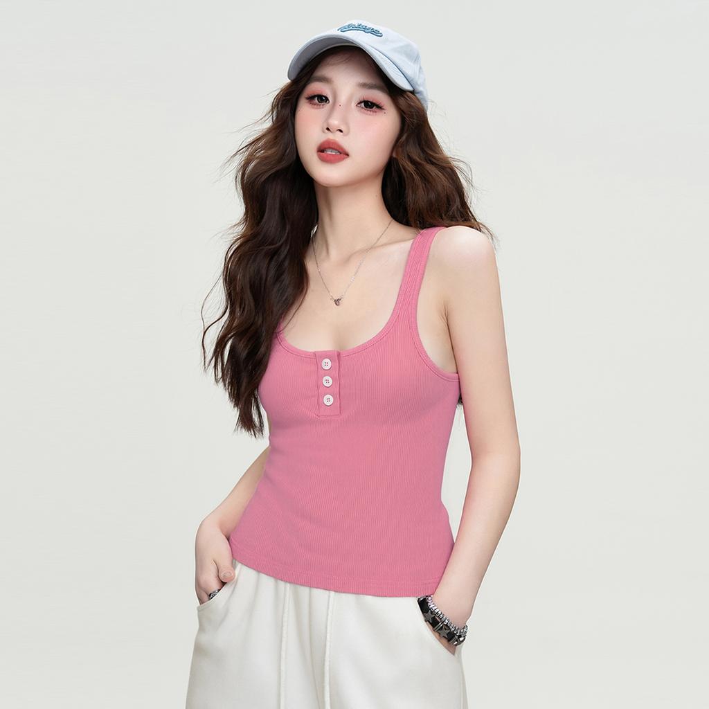 Summer Solid Color Vest, Camisole, Button, Slim Fit, Sexy Interior, Breathable Casual Pullover Top