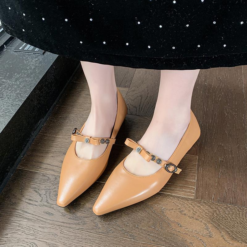 Fashion 2025 New Women's Leather Metal Buckle Sweet Bowtie Pointed Toe Slip-on Mary Jane Pumps Elegant Ladies Square Heeled Shoes