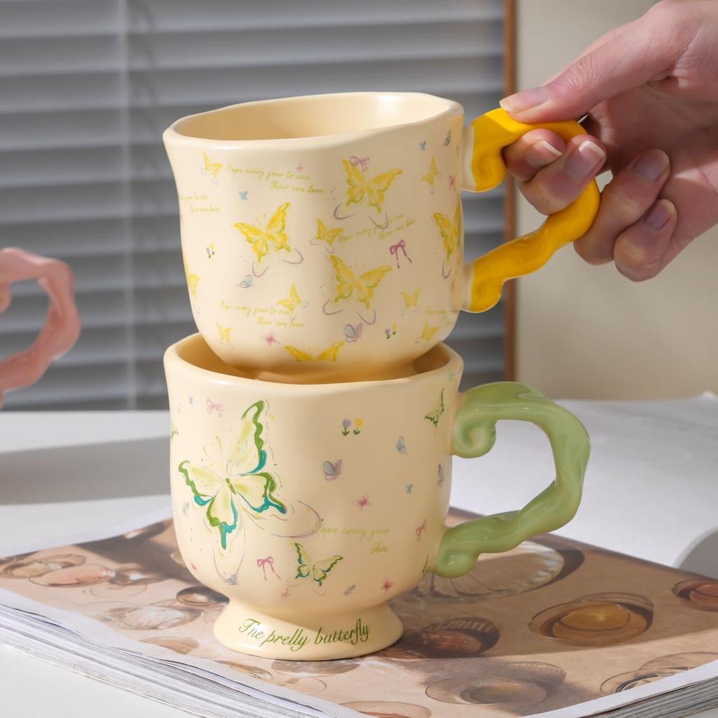Retro Butterfly Ceramic Mug, Large-Capacity Breakfast Cup, High-Value Couple Water Cup, Home Office Female Gift