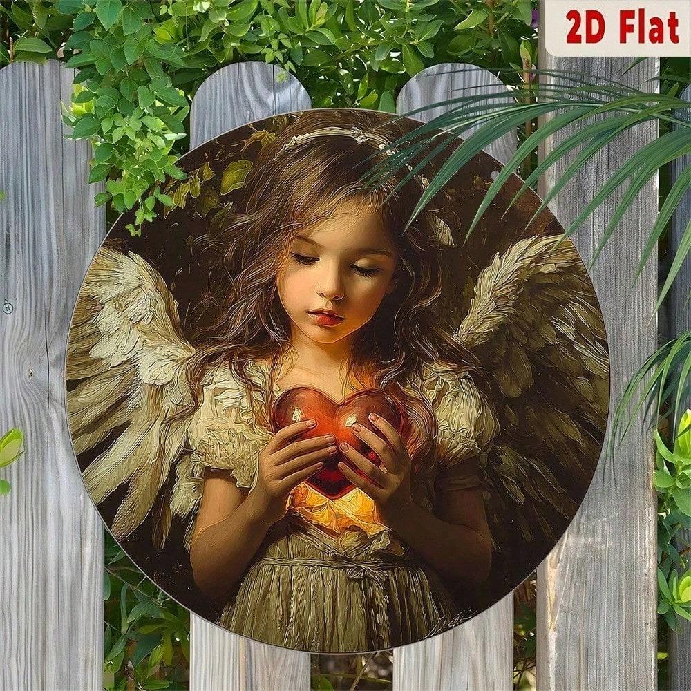 Valentine's Day Angel Metal Wall Art, Glowing Heart Wings Aluminum Sign