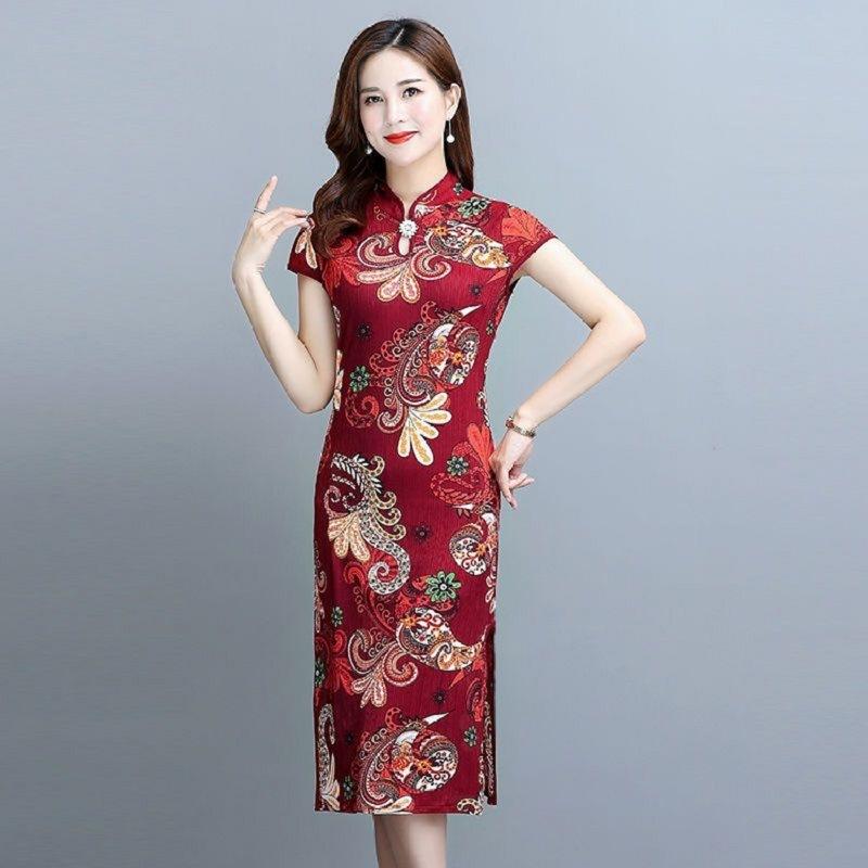 Summer Women Cheongsam Dress Chinese Style Printing A-line Skirt Short Sleeves Midi Skirt